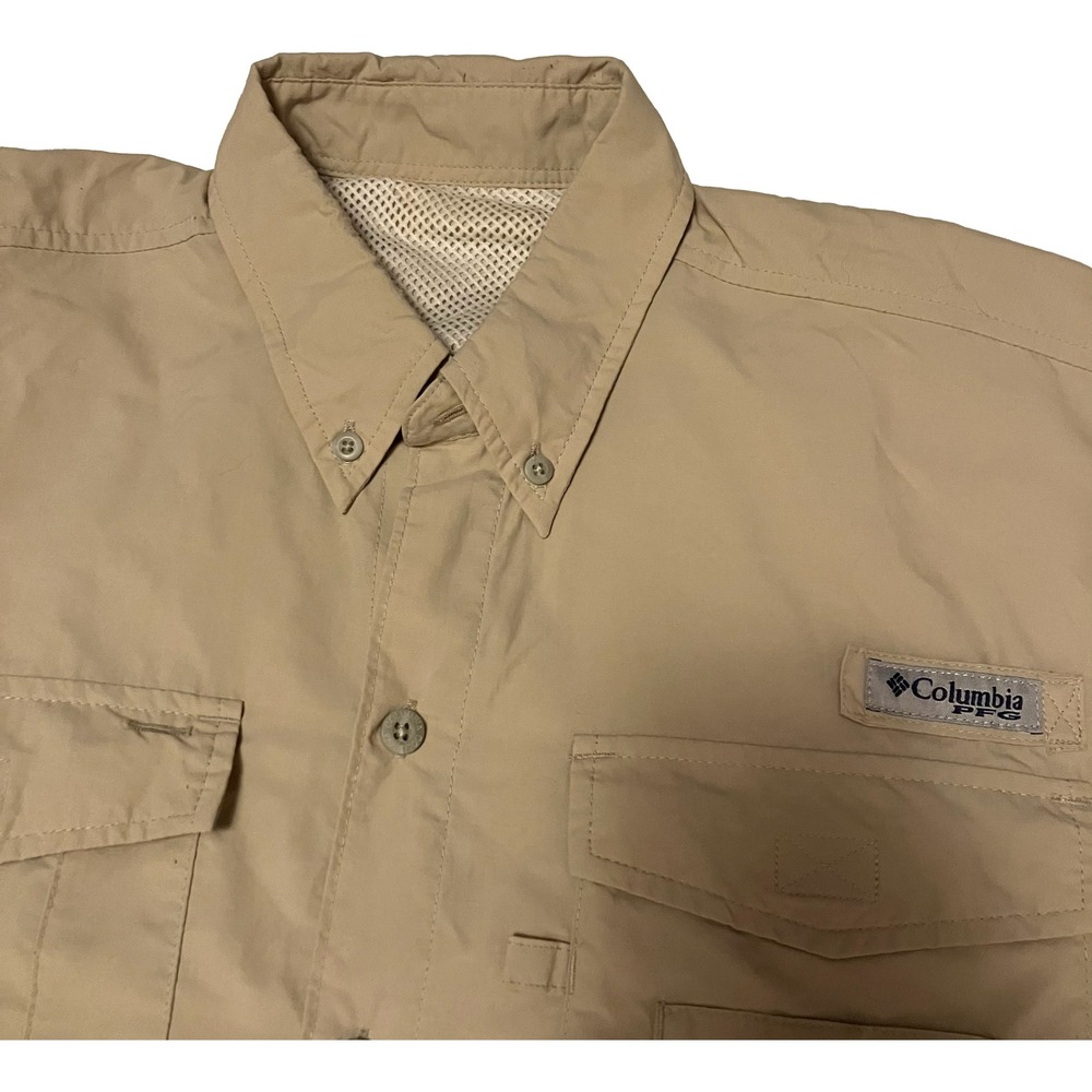 Columbia PFG Mens Short Sleeve Fishing Shirt Tan Khaki Omni-Shade Large Utility - Picture 2 of 9